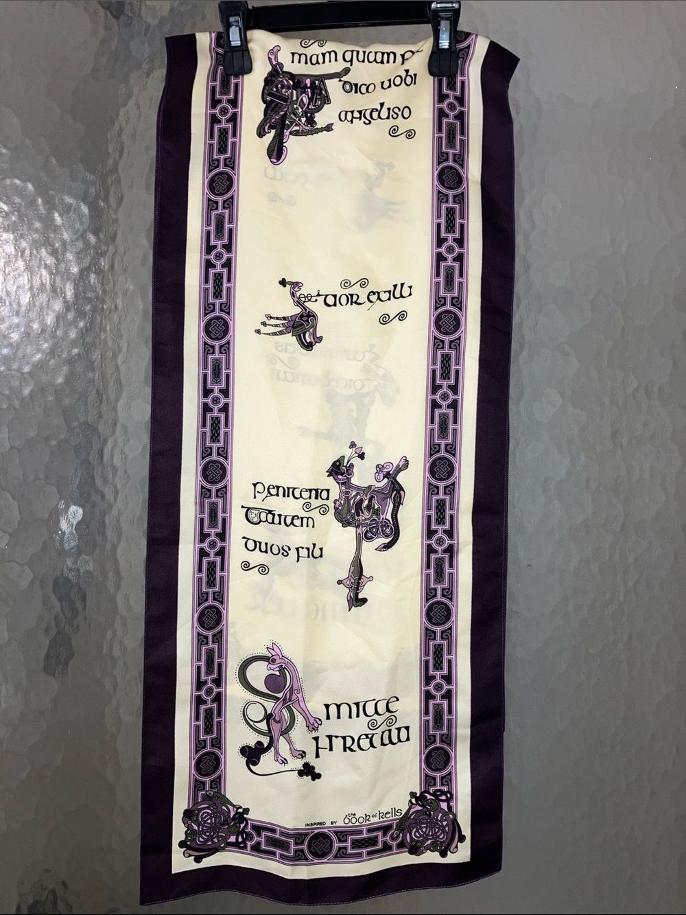 Vintage Cream Silk Scarf with Intricate Purple Celtic Book of Kells Motif